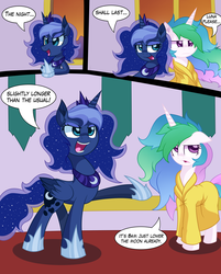 Size: 3700x4600 | Tagged: dead source, safe, artist:php92, princess celestia, princess luna, alicorn, pony, g4, bathrobe, bed mane, clothes, comic, female, mare, messy mane, morning ponies, open mouth, robe