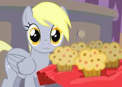 Size: 600x430 | Tagged: safe, artist:voodoo-tiki, derpy hooves, pegasus, pony, g4, cupcake dog, female, meme, muffin, ponified animal photo, ponified meme, solo, thousand yard stare, underp