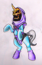 Size: 558x864 | Tagged: safe, artist:benrusk, pony, unicorn, cowl, he-man, hood, looking at you, ponified, rearing, skeletor, solo, traditional art