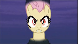 Size: 1366x768 | Tagged: safe, screencap, fluttershy, bat pony, pony, vampire, bats!, g4, eyes, fangs, female, flutterbat, frown, looking at you, mare, race swap, solo, vampire fruit bat pony