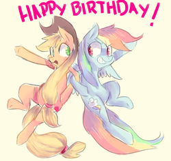 Size: 1247x1175 | Tagged: safe, artist:spanish-scoot, applejack, rainbow dash, g4, birthday, grin, happy, happy birthday, simple background, smiling