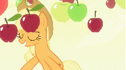 Size: 416x232 | Tagged: safe, screencap, applejack, earth pony, pony, bats!, g4, season 4, animated, apple, apple eyes, apple rain, bipedal, cute, falling, female, happy, mare, open mouth, silly, silly pony, smiling, solo, that pony sure does love apples, wingding eyes