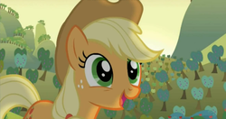 Size: 1320x696 | Tagged: safe, screencap, applejack, bats!, g4, apple, female, happy, solo, sweet apple acres, tree