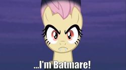 Size: 1268x708 | Tagged: safe, edit, edited screencap, screencap, fluttershy, bat pony, pony, bats!, g4, batman, batmare, caption, fangs, female, flutterbat, flutterbatman, image macro, race swap, solo, text