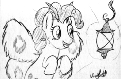 Size: 899x591 | Tagged: safe, artist:wingbeatpony, pinkie pie, moth, mothpony, original species, g4, female, fluffy, lamp, light, lineart, monochrome, moth meme, open mouth, race swap, sketch, smiling, solo, stare, traditional art