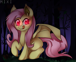 Size: 845x685 | Tagged: safe, artist:mixipony, fluttershy, bat pony, pony, bats!, g4, blank flank, cute, fangs, female, flutterbat, glowing eyes, race swap, shyabates, shyabetes, solo, tongue out