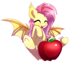 Size: 893x730 | Tagged: dead source, safe, artist:inky-pinkie, fluttershy, bat pony, pony, bats!, g4, apple, cute, eyes closed, fangs, female, flutterbat, open mouth, race swap, shyabates, shyabetes, simple background, smiling, solo, spread wings, transparent background, wings