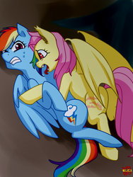 Size: 600x800 | Tagged: safe, artist:norang94, fluttershy, rainbow dash, bat pony, pegasus, pony, vampire, bats!, g4, butt, duo, fangs, female, flutterbat, lesbian, plot, race swap, ship:flutterdash, shipping, sweat, tongue out