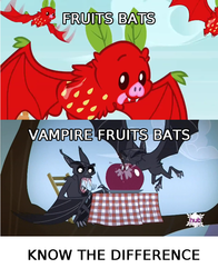Size: 634x808 | Tagged: safe, edit, edited screencap, screencap, bat, fruit bat, vampire, vampire fruit bat, bats!, g4, apple, comparison, eating, fangs, fork, hub logo, hubble, knife, know the difference, plate, strawberry, table, tablecloth, the hub, tree branch