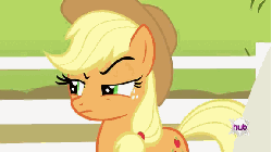 Size: 576x324 | Tagged: safe, screencap, applejack, earth pony, pony, bats!, g4, animated, apple, apple tree, bent over, cloth, female, fence, giant apple, hub logo, hubble, mare, mouth hold, solo, sweet apple acres, the hub, tree