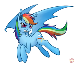 Size: 700x600 | Tagged: safe, artist:norang94, rainbow dash, bat pony, pony, g4, bat ponified, fangs, female, hilarious in hindsight, race swap, rainbowbat, simple background, solo, transparent background