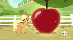 Size: 576x324 | Tagged: safe, screencap, applejack, earth pony, pony, bats!, g4, animated, apple, cute, female, fence, giant apple, hub logo, hubble, mare, open mouth, pointing, prehensile tail, smiling, solo, sparkles, talking, the hub, tree, underhoof