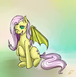 Size: 2136x2151 | Tagged: safe, artist:venteraqua13, fluttershy, bat pony, pony, bats!, g4, fangs, female, flutterbat, happy, race swap, solo