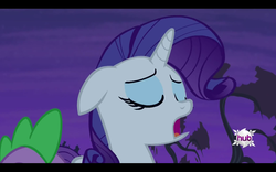 Size: 1680x1050 | Tagged: safe, screencap, rarity, spike, pony, unicorn, bats!, g4, season 4, eyes closed, female, hub logo, hubble, letterboxing, mare, night, open mouth, out of context, the hub, tree