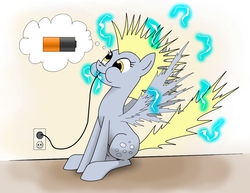 Size: 1125x870 | Tagged: safe, artist:underpable, derpy hooves, pegasus, pony, g4, charger, charging, derpy being derpy, electricity, electrocution, energy, european plug, female, mare, plug, puffy cheeks, shock, shocked, solo, static