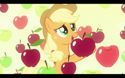 Size: 1680x1050 | Tagged: safe, screencap, applejack, earth pony, pony, bats!, g4, season 4, apple, apple eyes, apple rain, eyes, falling, female, letterboxing, mare, solo, that pony sure does love apples, wingding eyes