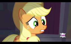 Size: 1680x1050 | Tagged: safe, screencap, applejack, earth pony, pony, bats!, g4, applejack's hat, braid, cowboy hat, female, hat, hub logo, hubble, mare, solo, the hub