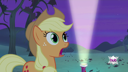 Size: 1280x720 | Tagged: safe, screencap, applejack, bats!, g4, female, flashlight (object), hub logo, hubble, light, night, reaction, shocked, solo, tree