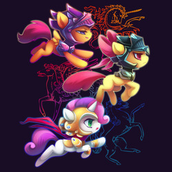 Size: 1000x1000 | Tagged: safe, artist:sambragg, apple bloom, scootaloo, sweetie belle, horse, g4, armor, cutie mark crusaders, helmet