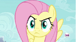 Size: 576x324 | Tagged: safe, screencap, fluttershy, pony, bats!, g4, animated, female, hub logo, hubble, solo, stare, sweat, the hub, the stare