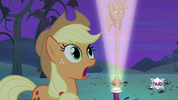 Size: 1280x720 | Tagged: safe, edit, screencap, applejack, bats!, g4, applejack's flashlight, flashlight (object), hub logo, hubble, light, meme, night, reaction, shocked, the hub, tree, twilight scepter