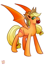 Size: 600x800 | Tagged: safe, artist:norang94, applejack, bat pony, pony, g4, apple, applebat, bat ponified, fangs, female, mouth hold, race swap, simple background, solo