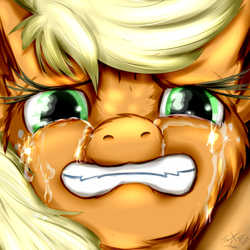 Size: 768x768 | Tagged: safe, artist:frist44, applejack, g4, blonde, crying, emotional, eyes, face, female, gritted teeth, mouth, nose, sad, sadness, solo, teeth