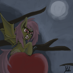 Size: 1000x1000 | Tagged: safe, artist:xenstroke, fluttershy, bat pony, pony, bats!, g4, apple, fangs, female, flutterbat, moon, night, race swap, solo