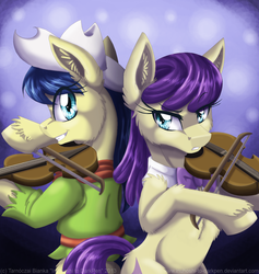 Size: 900x949 | Tagged: safe, artist:inuhoshi-to-darkpen, fiddlesticks, symphony song, earth pony, pony, g4, apple family member, bipedal, bow (instrument), duo, duo female, ear fluff, female, fiddle, musical instrument, musician, unshorn fetlocks, violin