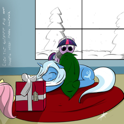 Size: 1024x1024 | Tagged: safe, artist:geneticanomaly, fluttershy, trixie, twilight sparkle, g4, present, sleeping