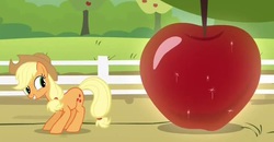 Size: 758x395 | Tagged: safe, screencap, applejack, earth pony, pony, bats!, g4, apple, female, giant apple, giant produce, mare, out of context, smiling, solo