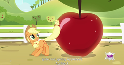 Size: 1152x608 | Tagged: safe, screencap, applejack, bats!, g4, applebee's, female, giant apple, mare, meme, solo, youtube caption