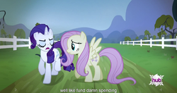 Size: 1152x608 | Tagged: safe, screencap, fluttershy, rarity, bats!, g4, meme, youtube caption