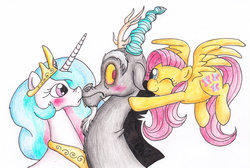 Size: 800x539 | Tagged: safe, artist:xstooiex, discord, fluttershy, princess celestia, g4, blushing, female, fluttershipper, male, now kiss, ship:dislestia, shipper, shipper on deck, shipping, straight