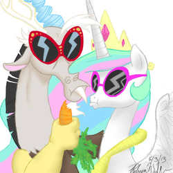 Size: 512x512 | Tagged: safe, artist:babel-the-butt, discord, princess celestia, g4, carrot, sunglasses, traditional art