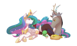 Size: 900x540 | Tagged: safe, artist:mylittlesheepy, discord, princess celestia, alicorn, draconequus, pony, g4, female, male, mare, ship:dislestia, shipping, simple background, straight, transparent background