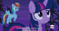 Size: 1152x608 | Tagged: safe, screencap, rainbow dash, twilight sparkle, alicorn, pony, bats!, g4, female, mare, meme, twilight sparkle (alicorn), youtube caption