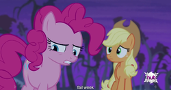 Size: 1152x608 | Tagged: safe, screencap, applejack, pinkie pie, bats!, g4, meme, youtube caption