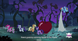 Size: 1152x607 | Tagged: safe, screencap, applejack, pinkie pie, rainbow dash, rarity, spike, twilight sparkle, alicorn, pony, bats!, g4, female, mare, meme, twilight sparkle (alicorn), youtube caption