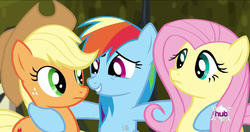 Size: 1152x609 | Tagged: safe, screencap, applejack, fluttershy, rainbow dash, bats!, g4, meme, youtube caption