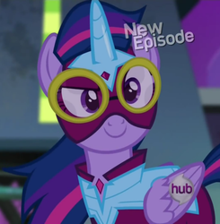 Size: 762x778 | Tagged: safe, screencap, twilight sparkle, alicorn, pony, g4, power ponies (episode), adorkable, cute, dork, female, goggles, hub logo, mare, masked matter-horn costume, power ponies, raised eyebrow, smiling, solo, twilight sparkle (alicorn)