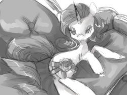 Size: 640x480 | Tagged: safe, artist:loyaldis, rarity, g4, couch, female, grayscale, monochrome, ribbon, solo