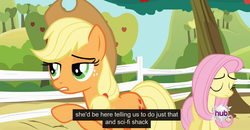 Size: 1600x830 | Tagged: safe, screencap, applejack, fluttershy, earth pony, pegasus, bats!, g4, apple, apple tree, fence, hub logo, logo, meme, sweet apple acres, the hub, tree, youtube caption