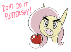 Size: 500x363 | Tagged: safe, artist:cobaltsnow, fluttershy, bat pony, pony, bats!, g4, apple, female, flutterbat, race swap, solo, text