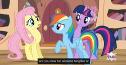 Size: 1600x830 | Tagged: safe, screencap, fluttershy, rainbow dash, twilight sparkle, alicorn, pony, bats!, g4, golden oaks library, meme, twilight sparkle (alicorn), youtube caption