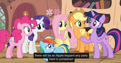 Size: 1600x830 | Tagged: safe, screencap, applejack, fluttershy, pinkie pie, rainbow dash, rarity, twilight sparkle, alicorn, pony, bats!, g4, apple leopard, female, mare, meme, portadown, twilight sparkle (alicorn), youtube caption