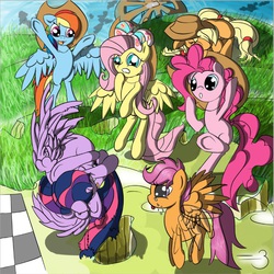 Size: 781x780 | Tagged: safe, artist:nyashaponyasha, applejack, fluttershy, pinkie pie, rainbow dash, scootaloo, twilight sparkle, alicorn, pony, g4, female, mare, twilight sparkle (alicorn)