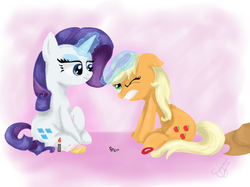 Size: 1024x766 | Tagged: safe, artist:maggymss, applejack, rarity, g4, brush, makeover