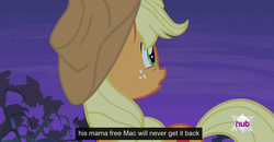 Size: 1600x830 | Tagged: safe, screencap, applejack, bats!, g4, female, meme, solo, youtube caption