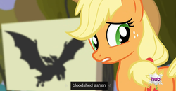 Size: 1600x830 | Tagged: safe, screencap, applejack, vampire fruit bat, bats!, g4, meme, youtube caption